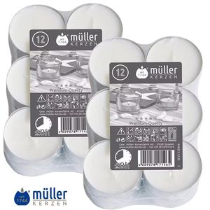24 (2x12 Stk.) Müller Maxi-Teelichte im Alubecher, weiß, 8h Brenndauer