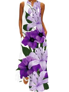 Sommerkleider Damen Ärmellos Strandkleid Blumen Leichte Lässige Tank Kleid mit Taschen Lila,Größe M