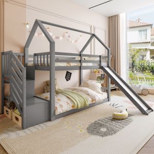 Flieks Etagenbett 90x200cm, Hochbett mit Treppe, Kinderbett mit Rutsche und Treppe, Hausbett mit Lattenrost, Massivholzbett Stockbett für Kinder, Grau Flieks Etagenbett 90x200cm, Hochbett mit Treppe, Kinderbett mit Rutsche und Treppe, Hausbett mit Lattenrost, Massivholzbett Stockbett für Kinder, Grau