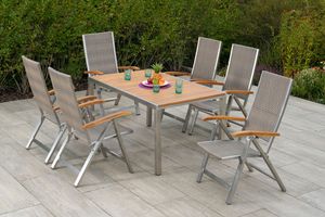 Merxx Gartenmöbelset "San Severo" 7tlg. mit Tisch 150 x 90 cm - Edelstahlgestell mit Kunststoffgeflecht Steinbeige und Akazienholz