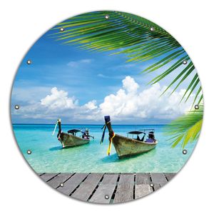 Wallario rundes Outdoor-Poster für Garten oder Balkon, Motiv Sonnenboot in der Karibik, 90 cm Durchmesser