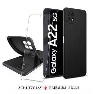 Für Samsung Galaxy A22 5G Silikon Schwarz Schutz Hülle + HD Panzerglas Schutzglas