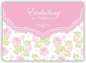 4x Schöne Einladungskarte mit zartem Blüten Muster in ros für Mädchen: Einladung zur Konfirmation
