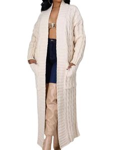 Damen Strickjacken Chunky Kabel Lange Pullover Trendy mit Taschen Maxi Outwear Cardigan Aprikose,Größe S