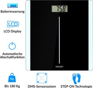 MONZANA® Digital Personenwaage mit DMS-Sensorsystem Körperwaage Waage Körperwaage LCD Display Step-On-Technologie schwarz