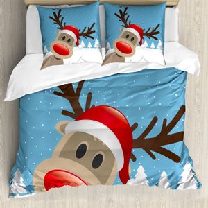 ABAKUHAUS Weihnachten Bettbezug, Rentier Rudolph Hut, Milbensicher Allergiker geeignet mit Kissenbezügen, 155 cm x 220 cm - 80 x 80 cm, Blassblau Rot Hellbraun