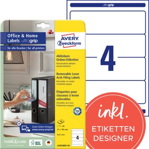 Avery Zweckform L4761REV-10 Ordner-Etiketten, ablösbar, Home Office, Kleinpackung, A4 mit ultragrip, 61 x 192 mm, 10 Bogen/40 Etiketten, weiß