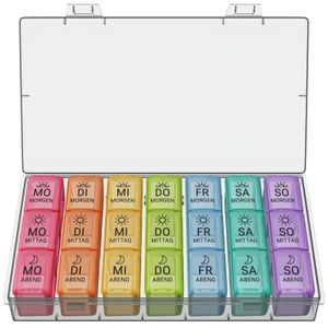 WELLGRO Tablettenbox für 7 Tage - je 3 Fächer pro Tag - separate Wochentagsentnahme - Wochendosierer mit Klickverschluss - Kunststoff - Farbe wählbar, Farbe:Bunt