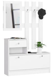 Garderoben-Set, 2-teilig, Schuhkommode mit Aufsatz und Schublade B90 x H70 x T25 cm und Wandgarderobe mit Spiegel B90 x H100 cm, Gewicht 39 kg Farbe: Weiß