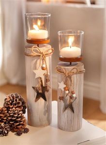 2x Windlichtsäule "Stern" aus Holz & Glas, 30 + 35 cm hoch, im Shabby Look, Windlicht, Teelichthalter Weihnachten, Holzsäule mit Kerzenglas, Weihnachtssdeko