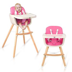 2 in 1 Babyhochstuhl Kinderhochstuhl mit Essbrett verstellbar, Kinder Kombihochstuhl Baby Holzhochstuhl mit Sicherheitsgurt, Kinderstuhl Baby Essen Stuhl  (Rosa)