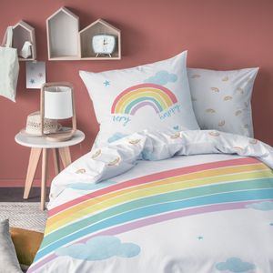Regenbogen Bettwäsche 135x200 + 80x80 cm 2 tlg., 100 % Baumwolle in Biber, Very Happy Rainbow Dreams Kinderbettwäsche mit Wolken, Herzen & Sternen in tollen Farben