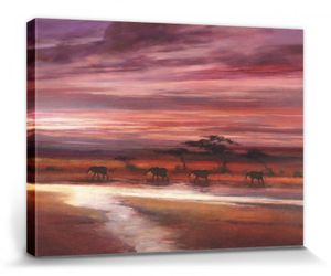Elefanten Poster Leinwandbild Auf Keilrahmen - Vier Elefanten Im Sonnenuntergang, Jonathan Sanders (60 x 80 cm)