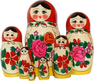 Matroschka Puppen Babuschka rotes Tuch Set aus 7 Holzfiguren