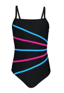 Aquarti Mädchen Badeanzug mit Spaghettiträgern Streifen, Farbe: Schwarz / Streifen Amarant Türkis, Größe: 146