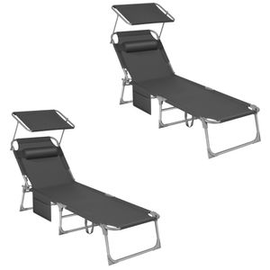 SONGMICS 2-er Set Sonnenliege, klappbarer Liegestuhl, mit Seitentasche, 53 x 193 x 29 cm, bis 150 kg, Kopfstütze, verstellbarer Rückenlehne Dunkelgrau