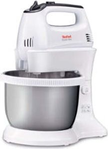 Mixer, Tefal HT312138, Schnellmix-Handmixer mit Schüssel, 300 W, 5 Geschwindigkeiten + Turbo, 2 Rührgeräte, 2 Knethaken, automatisch rotierende Schüssel, weiße und rostfreie Standschüssel