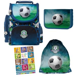 Schulranzen für Jungen, 4er-Set - Schul-Rucksack für Kinder mit Federmäppchen - Schuhbeutel und Hausaufgabenheft - Fußball Motiv