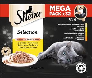 Sheba Selection in Sauce - Feinstes Katzennassfutter in der Schale - Geflügel Variation mit Poularde, Huhn, Geflügel und Truthahn - 32 x 85g