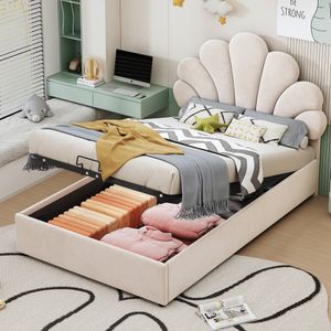 okwish Mládežnická postel Čalouněná postel 90 x 200 cm s nastavitelným čelem ve tvaru květiny a lamelovým roštem, Hydraulická úložná postel s úložným boxem (Bez matrace) - Béžová