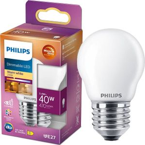 Philips LED E27 P45 3.4W 470LM DIMM LED-Tropfen, Sockel E27, 3,4 Watt, Warmweiß, 2200 K, Energieeffizienzklasse D, dimmbar