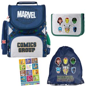 Schulranzen für Jungen und Mädchen, 4er-Set - Schul-Rucksack für Kinder mit Federmäppchen - Schuhbeutel und Hausaufgabenheft - Marvel Avengers Motiv