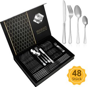 Besteck Set, 48-teiliges Besteckset für 12 Personen  mit Messer Gabel Löffel, Edelstahl Essbesteck, Spiegelpoliert & Spülmaschinenfest,Mit exquisiter Geschenkbox(Silber)
