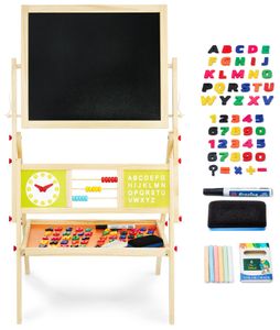 Große Kinder Staffelei aus Holz doppelseitig Whiteboard und Kreidetafel, Standtafel mit Buchstaben, Kreide abwischbar