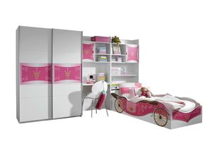 Kinderzimmer Zoe 4-tlg weiß pink Jugendzimmer Kleiderschrank Schreibtischregal + Regal inkl Bettkasten Bett Mädchen