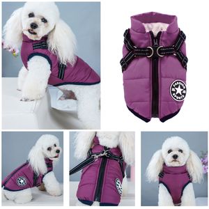 Winter-Haustier-Hundejacke mit Geschirr Winter-warme Hundekleidung für Labrador Wasserdichter Mantel für große Hunde Chihuahua Outfits, S, Violett