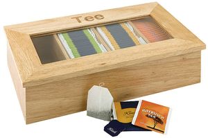 APS Teebox, Aufbewahrungsbox für Teebeutel, Holzbox mit Sichtfenster für Tee, Aufschrift Tee auf der Box, vier Kammern für Teebeutel, braun, 20 x 33,5 cm, 9 cm Höhe