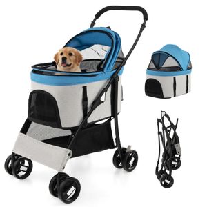 COSTWAY 3in1 Hundewagen klappbar, Hundebuggy bis 15 kg mit Netzfenstern, Vordach, Träger, Korb Blau