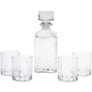 Atmós Fera Glaskaraffe Glasflasche für Whisky Cognac Brandy + Trinkgläser 5-teiliges Set