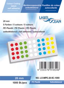 LabelOcean, LO-MPE-20-5C-1000, 1000 Stück Markierungspunkte, 20mm, 5 verschiedene Farben, PE-Plastik, zu 1000 Stück auf Bogen