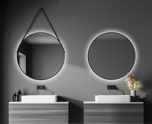 Talos Black Light Matt Ø 80 cm Wandspiegel - Badspiegel mit indirekter Beleuchtung - Aufhängegurt in Lederoptik - Lichtspiegel mit Lichtfarbe neutralweiß - hochwertiger matt schwarzer Aluminiumrahmen - Badezimmerspiegel