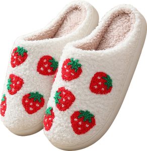 ASKSA Weihnachten Rentier Hausschuhe Winter Pluesch Pantoffeln Hausschuhe Warme Slippers, Erdbeere, Groesse: 36-37