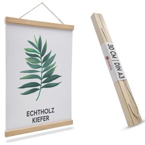 LIKARTO Premium-Posterleiste Holz Kiefer A3 | 30 cm - Hochwertige magnetische Bilderleiste aus Echtholz inkl. Lederband - Einfaches Bilder aufhängen