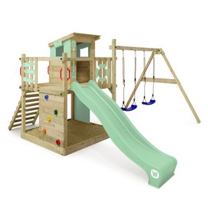WICKEY Spielturm Klettergerüst Smart Camp mit Schaukel & Rutsche, Baumhaus mit Sandkasten, Kletterleiter & Spiel-Zubehör – pastellgrün