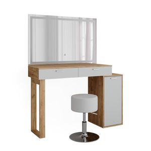 Vicco Schminktisch Regina, 129.6 cm mit LED-Spiegel und Hocker, Goldkraft Eiche/Weiß