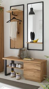 Garderobe Yorkshire in Eiche geölt und schwarz matt lackiert Garderoben-Set 108 x 195 cm mit Bank Paneel und Spiegel