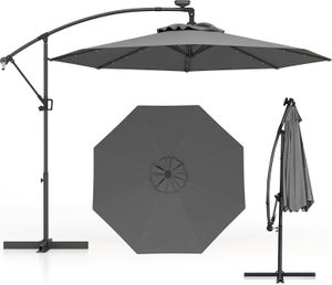 360° Drehbar Sonnenschirm 300 cm, Gartenschirm neigbar mit 32 Lichter & Kurbel, UV-Schutz & Ständer, Ampelschirm 8 Schirmrippen für Balkon (Grau)