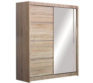 Furniture24 Kleiderschrank Vista 150 Schwebetürenschrank Schrank mit Schiebetür 2 Kleiderstangen 5 Einlegeboden Sonoma Eiche mit Spiegel , 151 cm breit