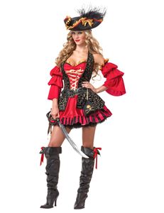 Edles Piratin Damen-Kostüm rot-gold-schwarz