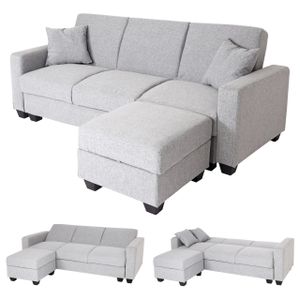 Sofa HWC-H47 mit Ottomane, Couch Sofa Gästebett, Schlaffunktion Stauraum 217x145cm  Stoff/Textil hellgrau
