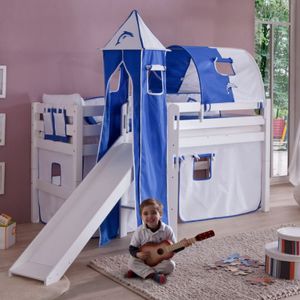 Hochbett ELIYAS Kinderbett mit Rutsche Spielbett Bett Weiß Stoffset Weiß/Delfin, Matratze:mit