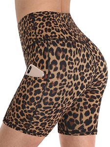 Damen Leopard Fitness Kurze Shorts mit Tasche Yoga Sporthose  Gym Hoher Taille Leggings Radhose