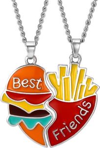 Bixorp Náhrdelník priateľstva pre dvoch so srdcom z hamburgeru a hranolčekov - strieborná retiazka s magnetom - 45 cm + 5 cm nastaviteľný - BFF náhrdelník