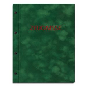 Zeugnismappe im grünen Samteinband mit hochwertigem Prägedruck in rot – handgefertigte Mappe für Zeugnisse inkl. 12 Sichthüllen