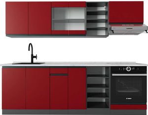 Vicco Küchenzeile R-Line, 240 cm , AP Marmor, Rot/Anthrazit