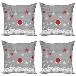 ABAKUHAUS Weihnachten Kissenbezug Set (4 Stück), Sterne-Flitter Schnee, Moderner Doppelseitiger Digitaldruck, 50 cm x 50 cm, Grau, Rot, Weiß